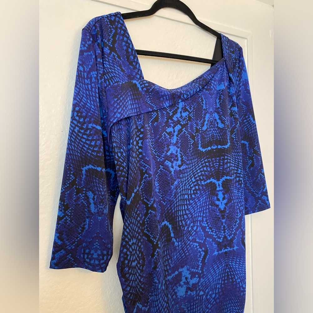 Jennifer Lopez Royal Blue Animal Print V-neck Faux Wrap Stretch Dress, Size XL